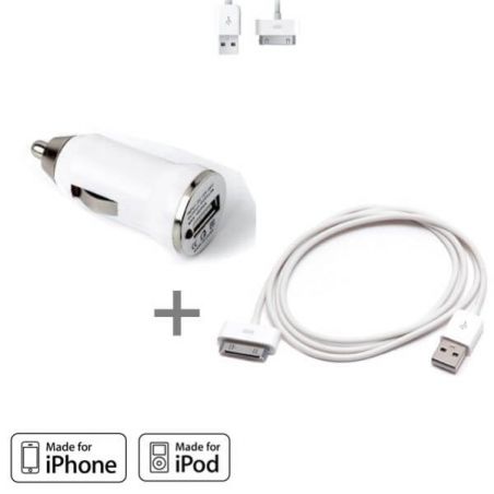 Achat Pack de 2 en 1 (cable +chargeur voiture) IPhone 3G 3GS 4 4S Blanc CHA00-016