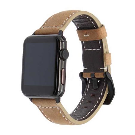 Achat Bracelet cuir beige pour Apple Watch 38mm & 40mm avec adapteurs noirs WATCHACC38-033X