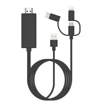 3-in-1 HDMI-kabel Bliksem + Micro USB + USB + USB-C 1m80