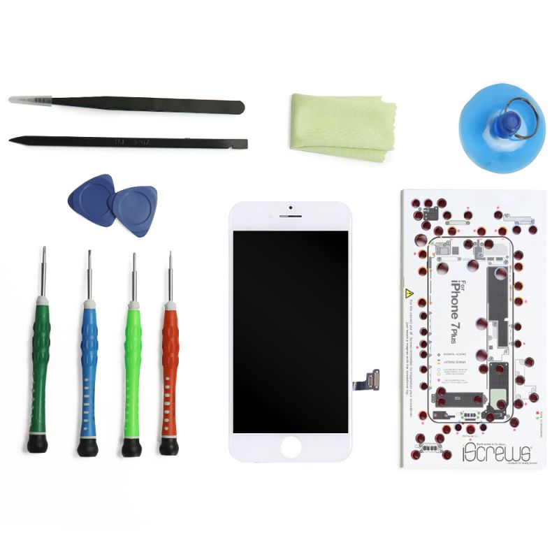Trop Saint® Écran pour iPhone 7 Plus Blanc Outils Kit de Réparation avec Notice LCD Complet Patron de Repérage Magnetique Joint d'étanchéité et Verre Trempé 