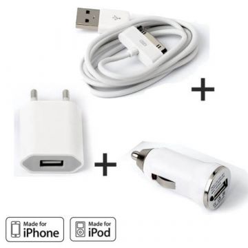 Achat Pack Chargeur 3 en 1 iPhone 3G 3GS 4 4S Blanc CHA00-009
